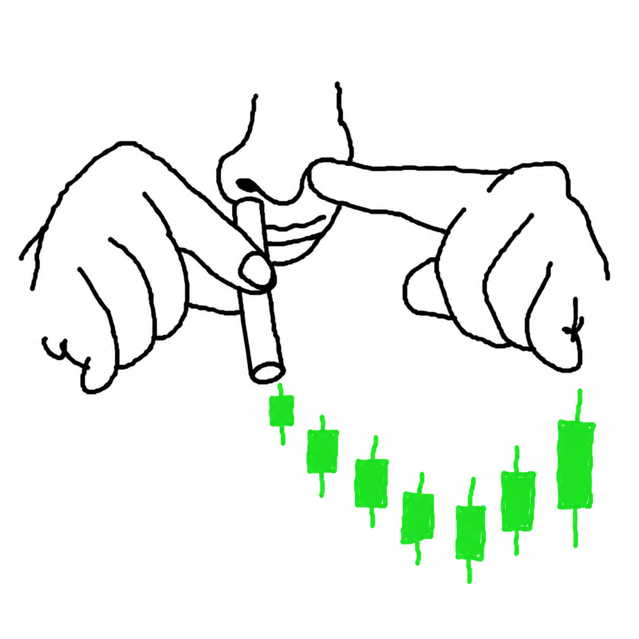 Hand-drawn nose sniffing a green candlestick chart